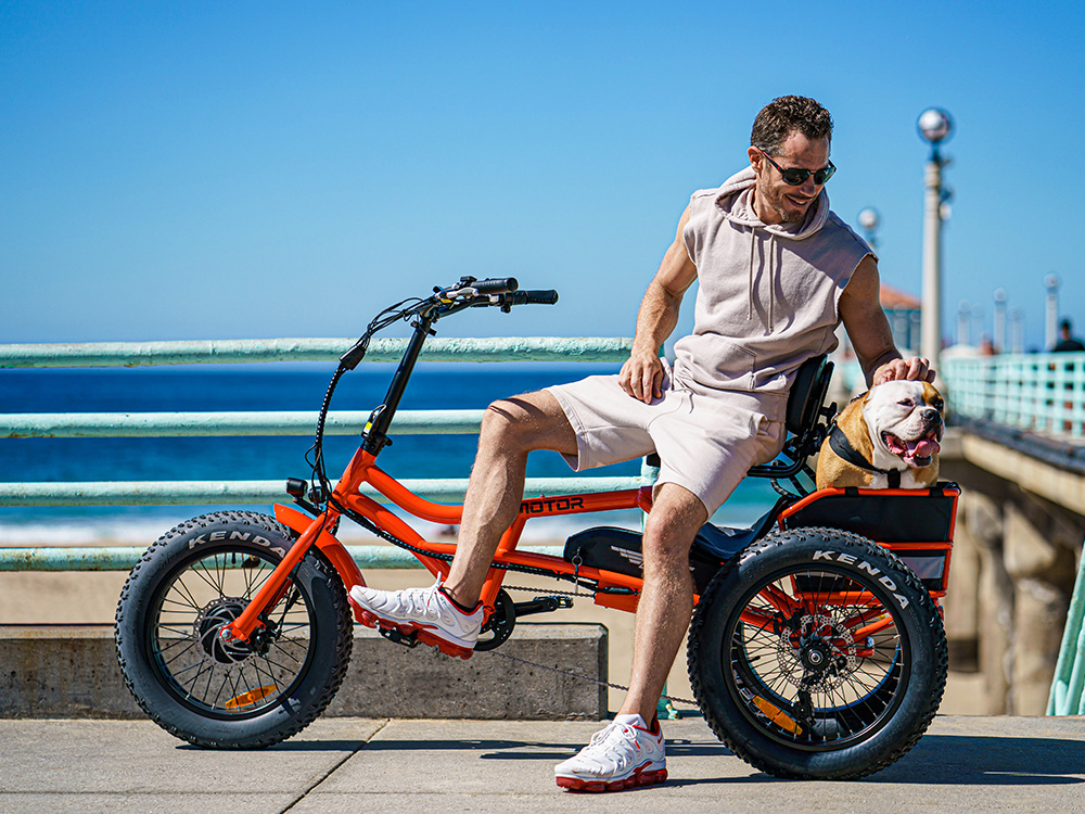 m-360 semi-recumbent fat tire electric trike for adults in Orange